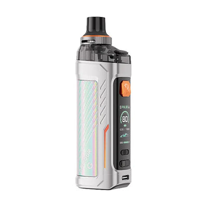 Vaporesso Armour G Pod Vape Kit in silver with digital display and orange accents.