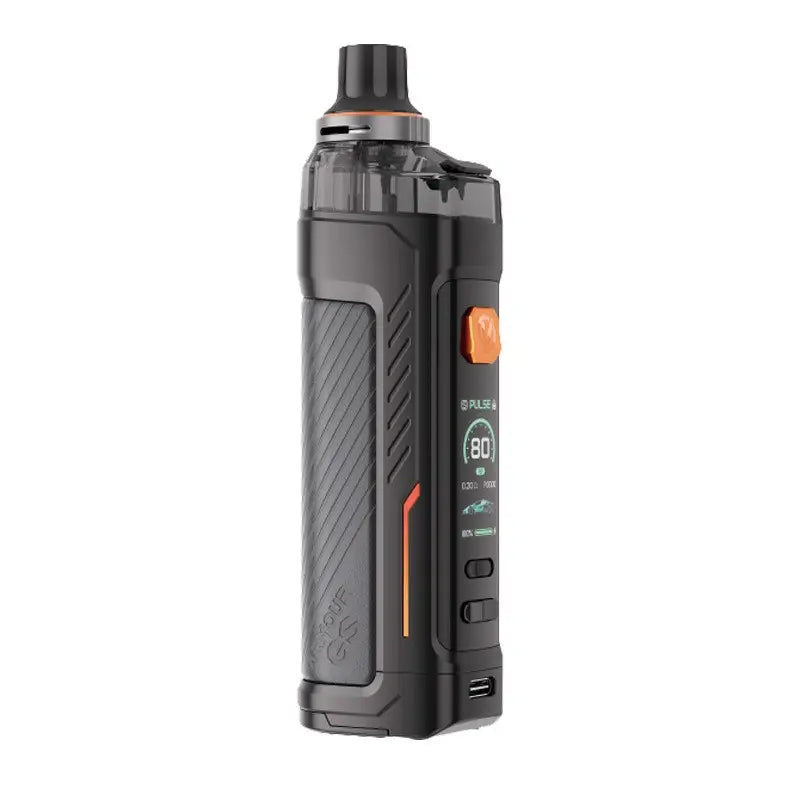 Vaporesso Armour GS Pod Vape Kit in black with a digital display and orange accents.
