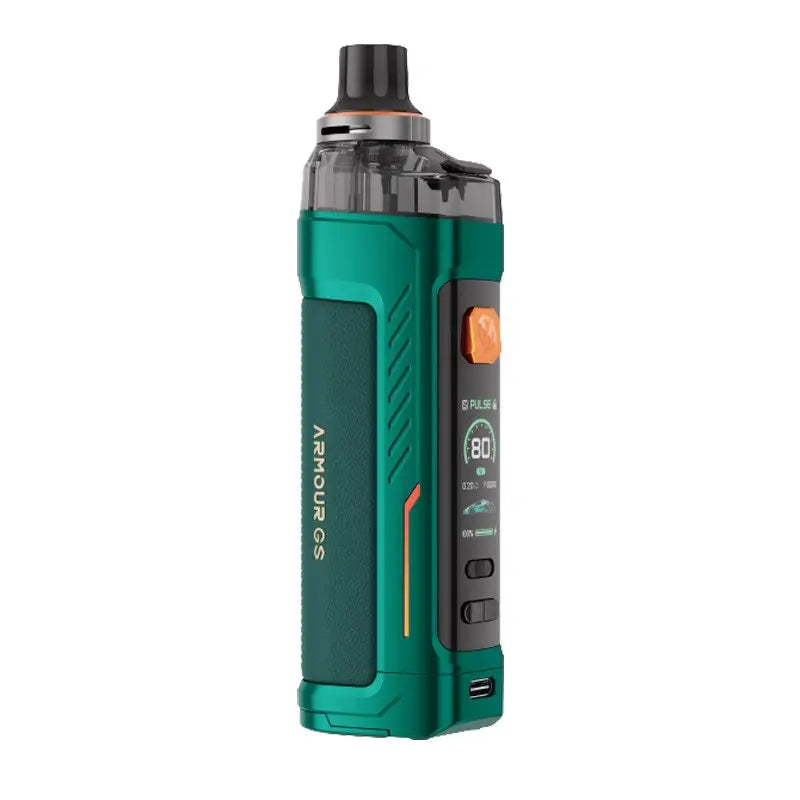 Green Vaporesso Armour GS Pod Vape Kit with display and orange button.