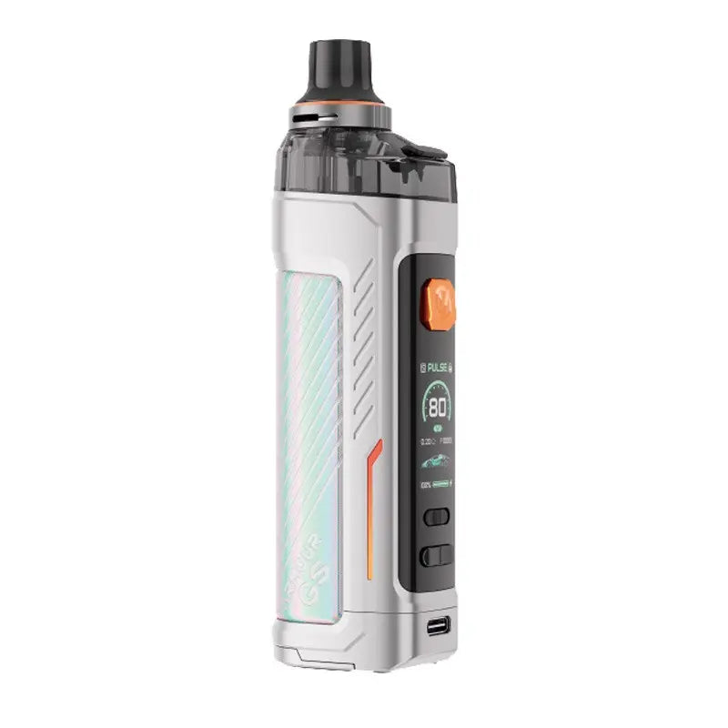 Vaporesso Armour GS Pod Vape Kit in silver with digital display and buttons.
