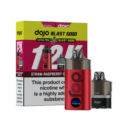 A Vaporesso Dojo Blast 6000 vape device and its bundle pack, featuring the Strawberry Raspberry Cherry Ice flavour. The image highlights the sleek blue design of the device, an extra pod, and the branding of the 12K puff capacity on the packaging.