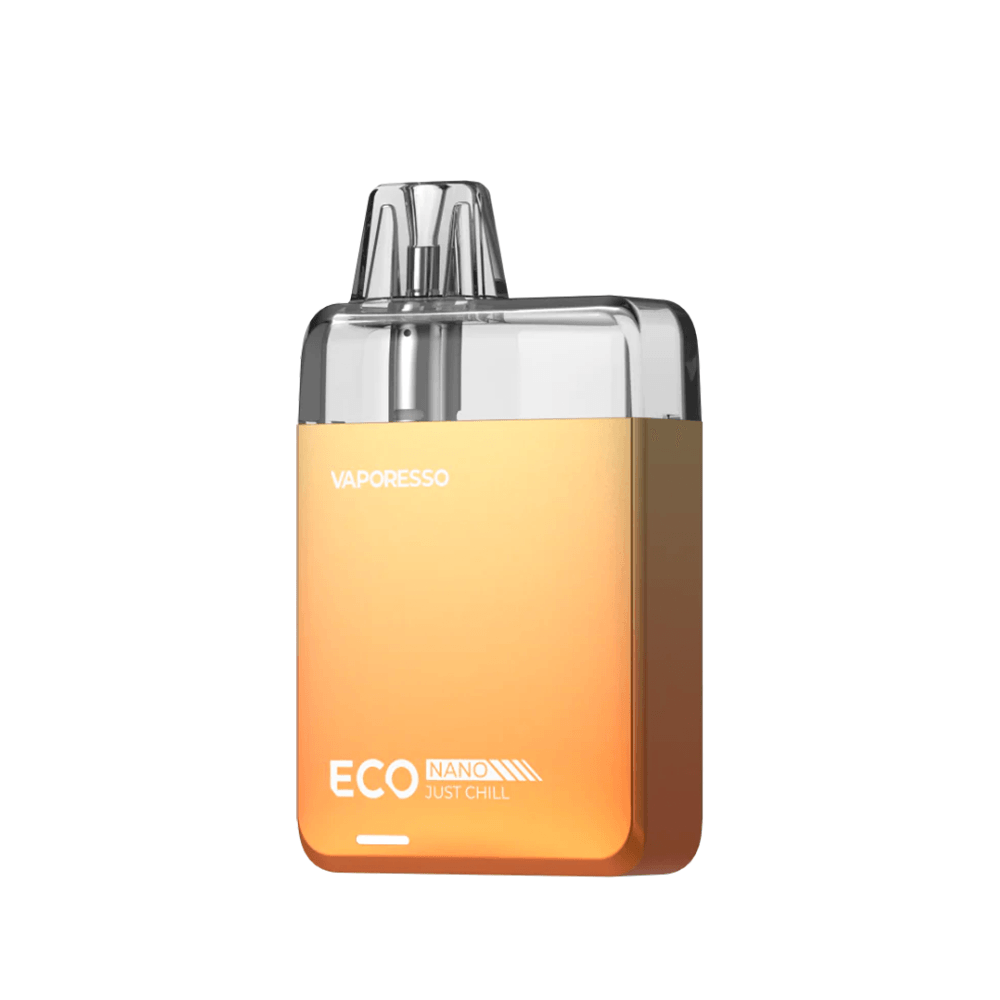 Vaporesso Eco Nano Pod Kit in orange, featuring sleek design and "Just Chill" branding.