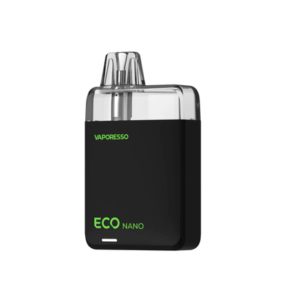 Vaporesso ECO Nano Pod Kit in black, featuring a sleek, compact design with green branding.