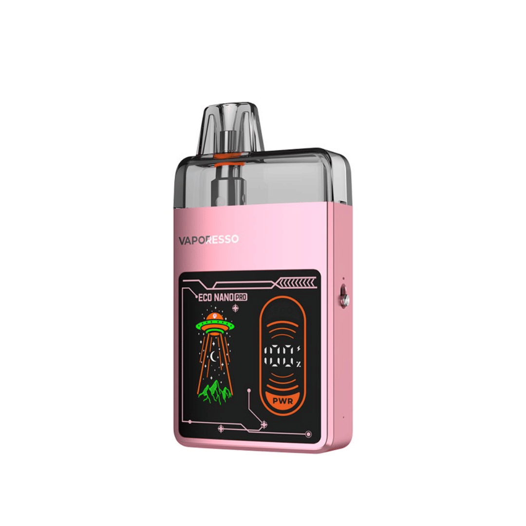Vaporesso Eco Nano Pro Pod Kit in pink with a digital display and futuristic design.