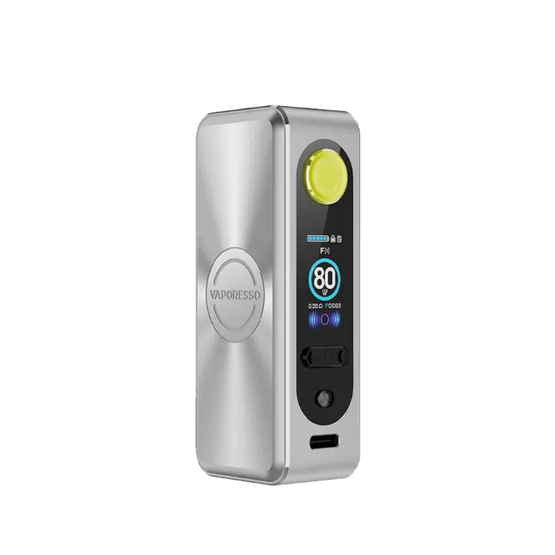 Vaporesso Gen SE Box Mod in Arctic Silver with display and control buttons.