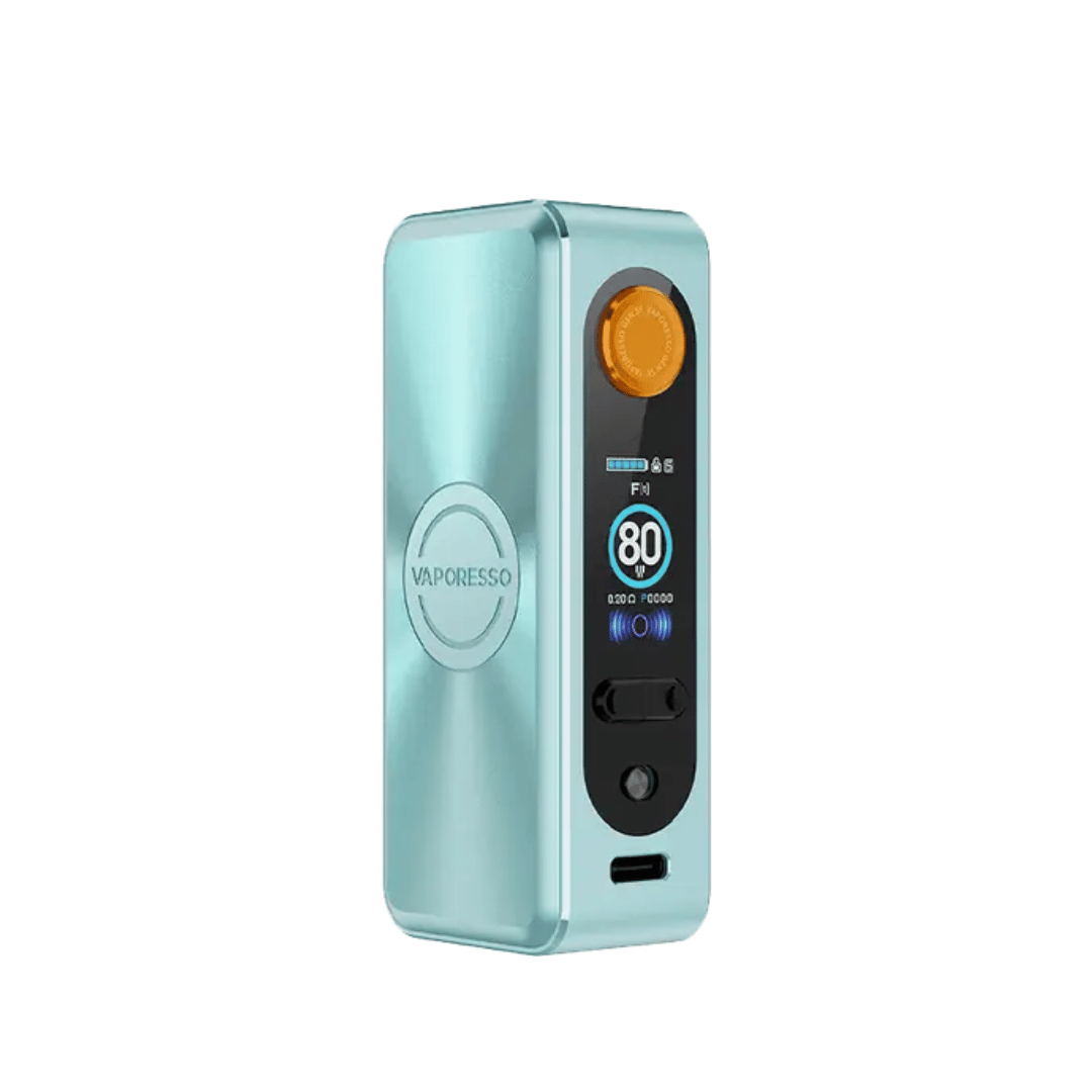 Vaporesso Gen SE Box Mod in ice blue with display screen and orange power button.
