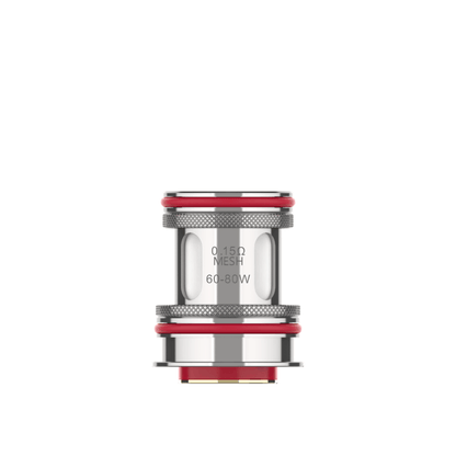 Vaporesso GTR replacement coil, 0.15Ω mesh, 60-80W, silver with red accents.