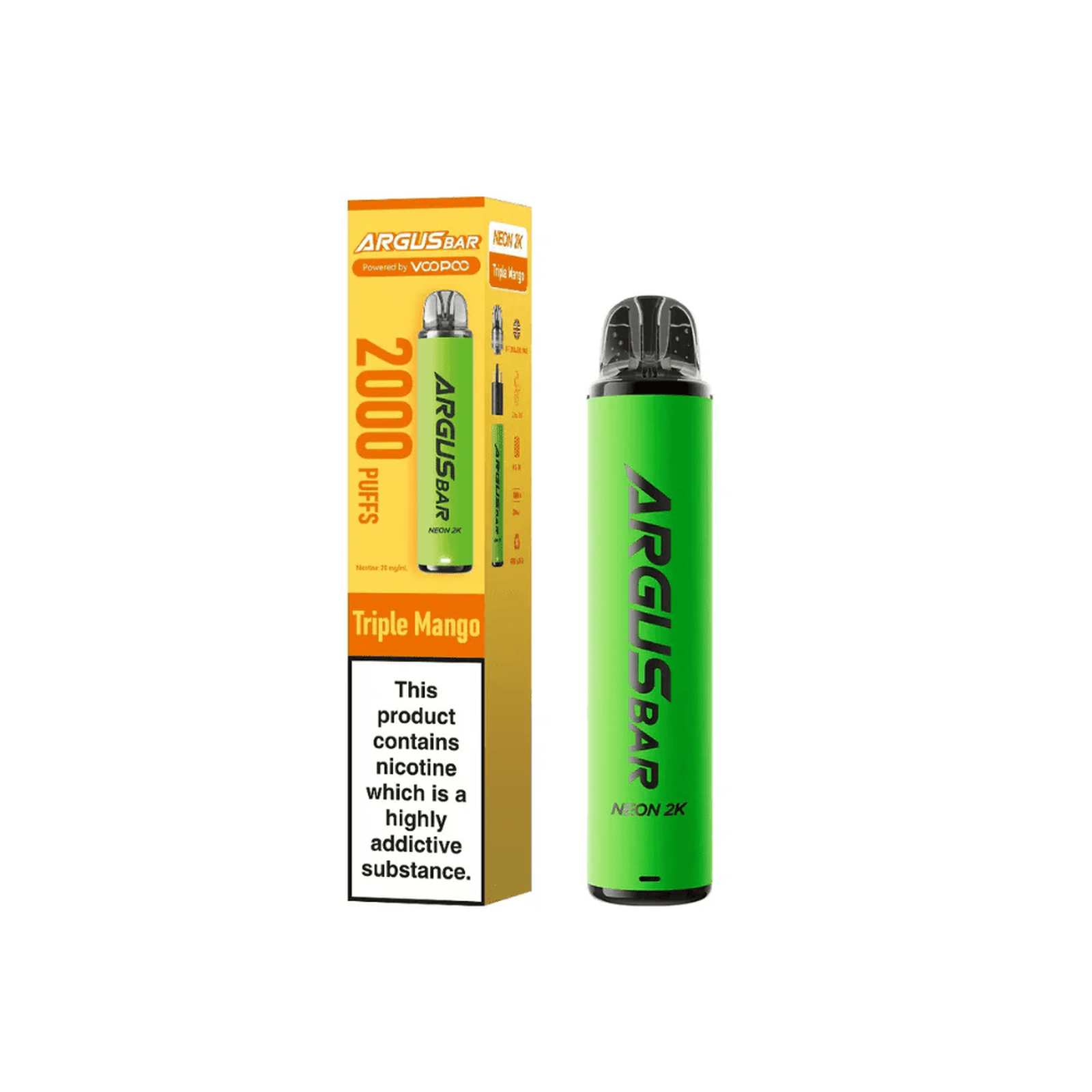 Voopoo Argus Bar Neon 2K Prefilled Kit Box of 10, Triple Mango Flavour