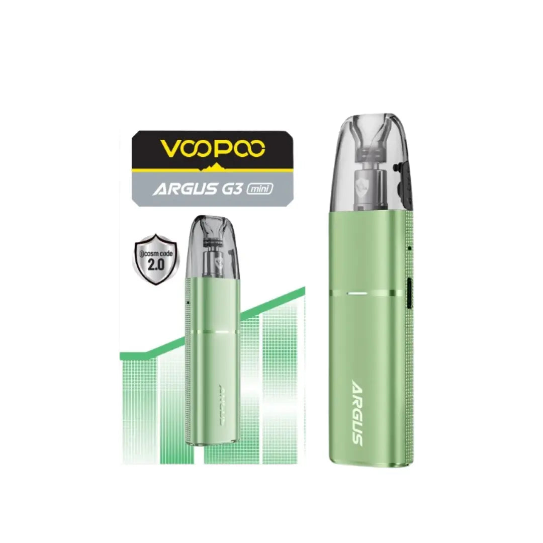 VooPoo ARGUS G3 Mini pod vape kit in grass green with packaging showing Gcoil 2.0 technology