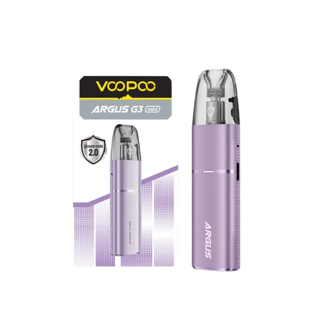 VooPoo ARGUS G3 Mini Lilac Purple pod vape kit with retail box and enhanced flavour technology