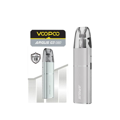 VooPoo ARGUS G3 Mini pod system vape device with packaging and technical features display
