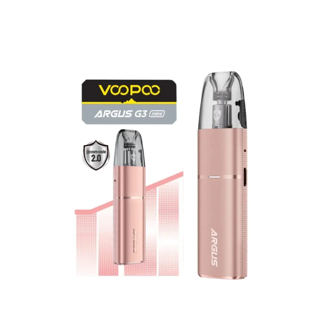 VooPoo ARGUS G3 Mini starter kit Rose Gold vape pod kit with box and coil technology branding