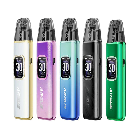 Voopoo Argus G3 Pod Vape Kit in a line showing 5 different colour - Diamond White - Aurora Purple - Aurora Blue - Midnight Black - Moss Green 