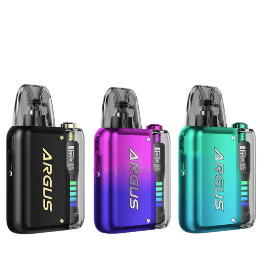 Three Voopoo Argus P2 pod vape kits in black, purple, and teal with visible displays.