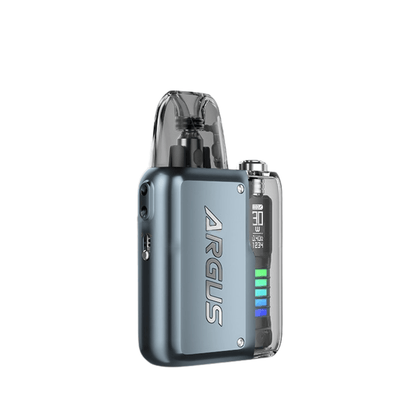 Voopoo Argus P2 Pod Vape Kit in blue with clear pod and digital display.