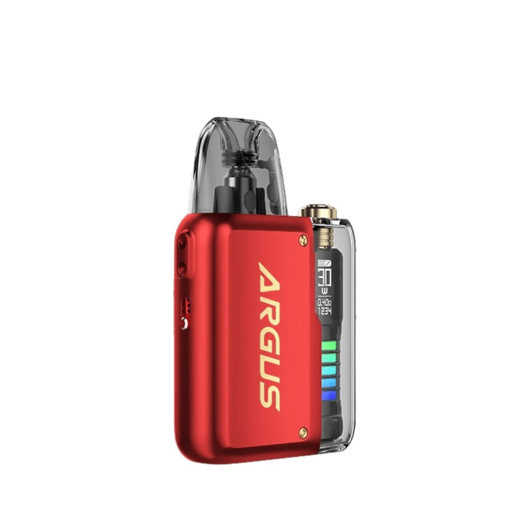 Red Voopoo Argus P2 pod vape kit with visible screen, showing battery level.