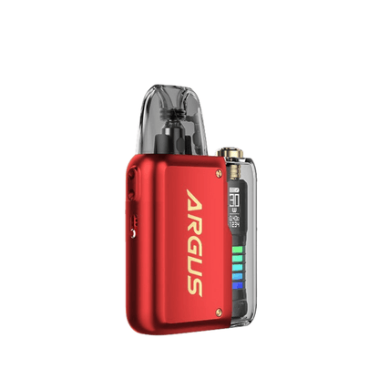 Red Voopoo Argus P2 pod vape kit with visible screen, showing battery level.