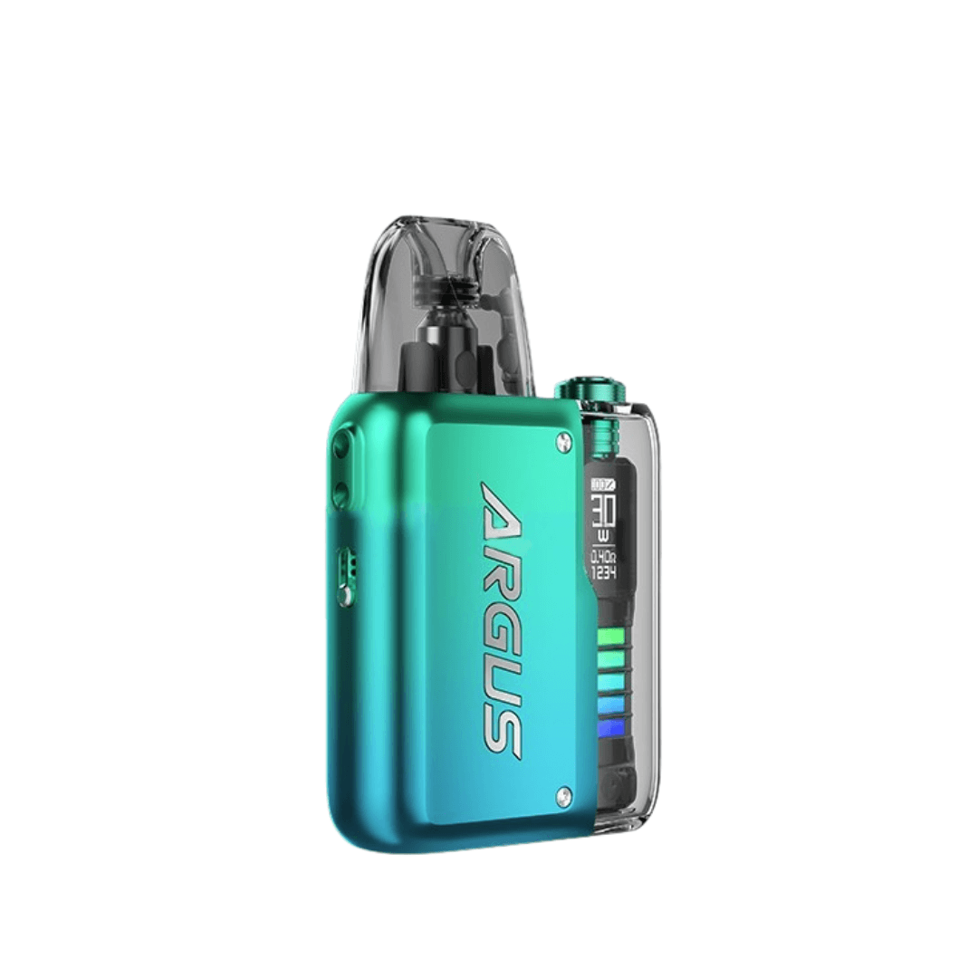 Voopoo Argus P2 pod vape kit in teal, displaying its screen and sleek design.