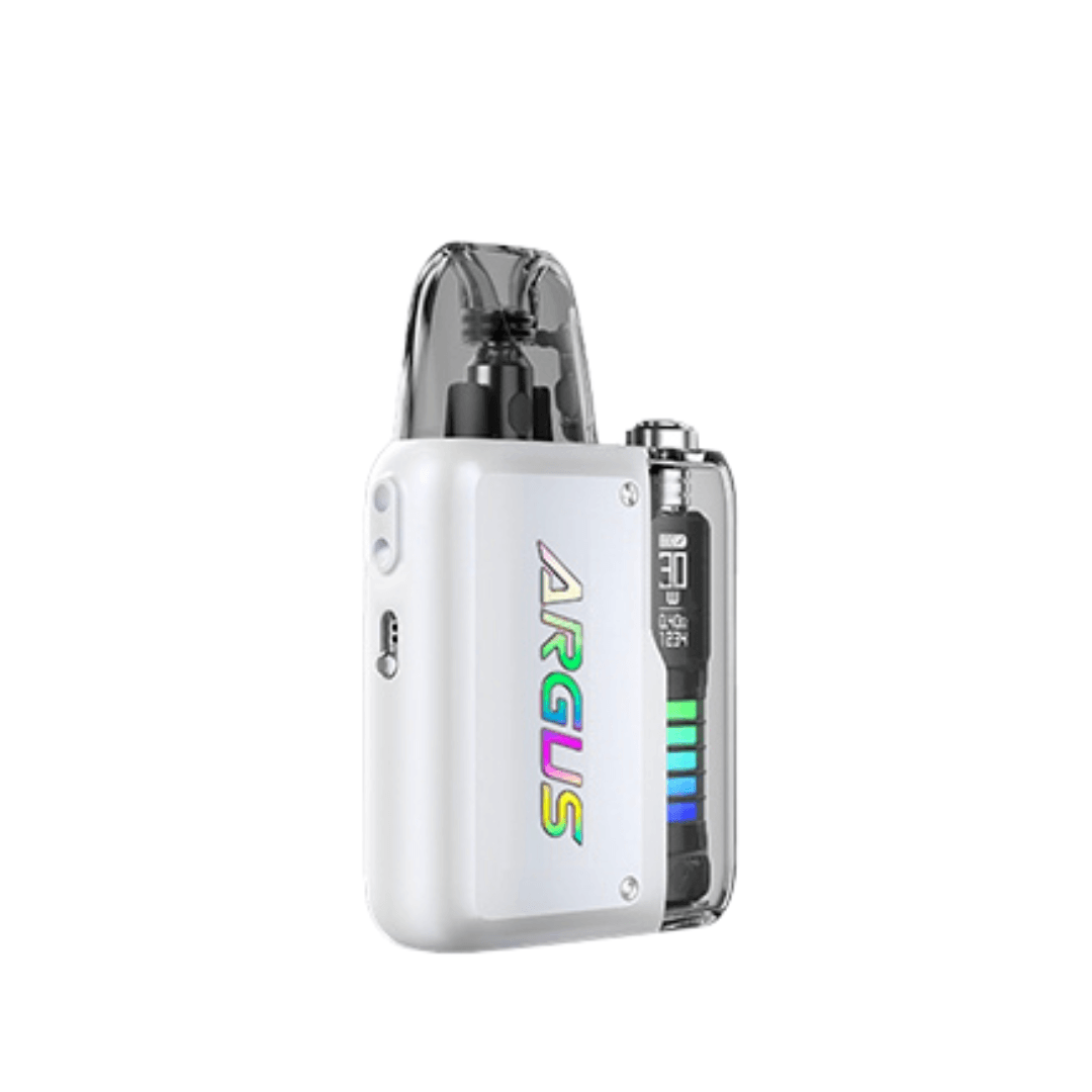 White Voopoo Argus P1 Pod Vape Kit with digital display and sleek design.