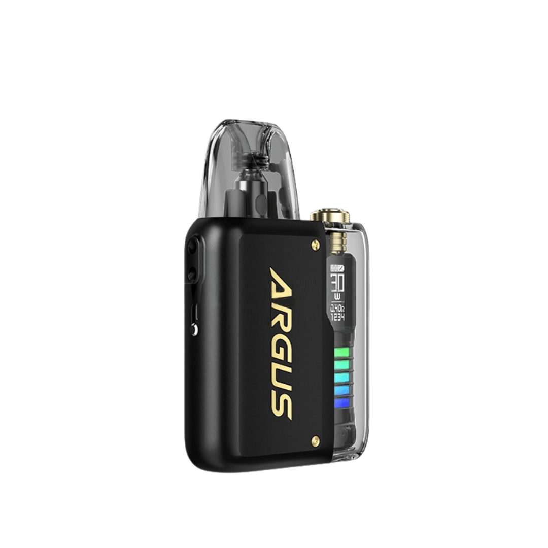 Voopoo Argus P2 Pod Vape Kit in black with digital display and transparent pod.