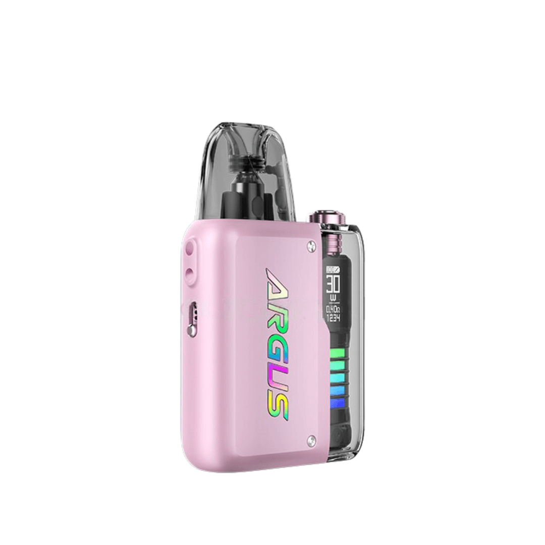 Pink VOOPOO Argus P2 Pod Vape Kit with LED display and rainbow logo.