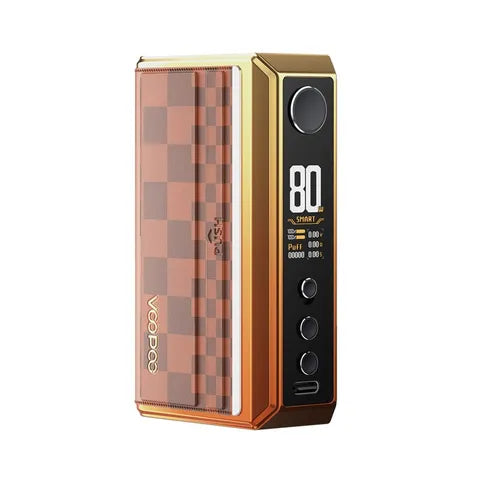 Voopoo Drag 5 box mod in sunset orange with checkerboard design and digital display.