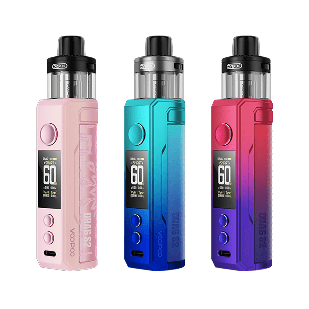 Three VooPoo Drag S2 pod kits in pink, blue, and red, displayed side by side.