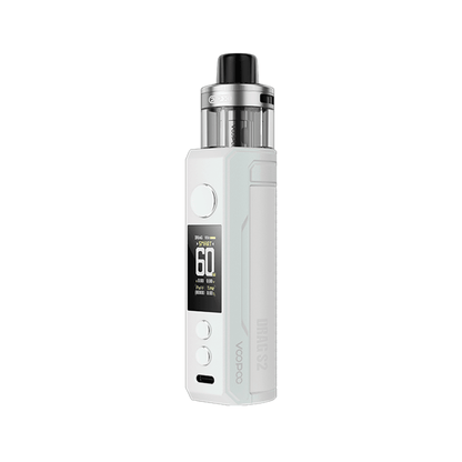 Voopoo Drag S2 Pod Kit in white, featuring a display screen and control buttons.