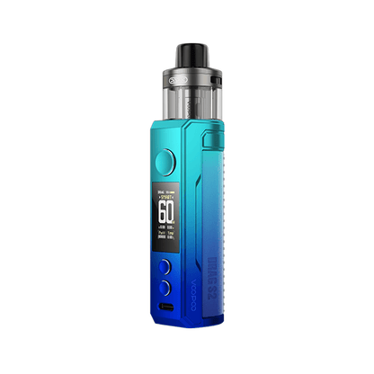VooPoo Drag S2 Pod Kit in blue with digital display, buttons, and clear pod tank.