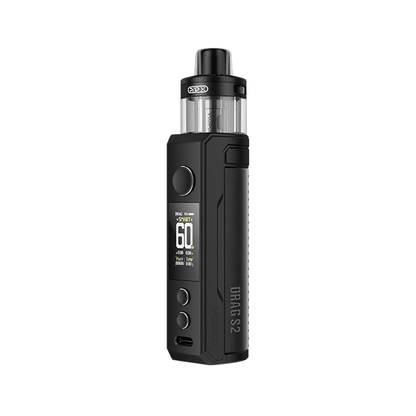 Voopoo Drag S2 Pod Kit, sleek black design with display screen, buttons, and branded logo.