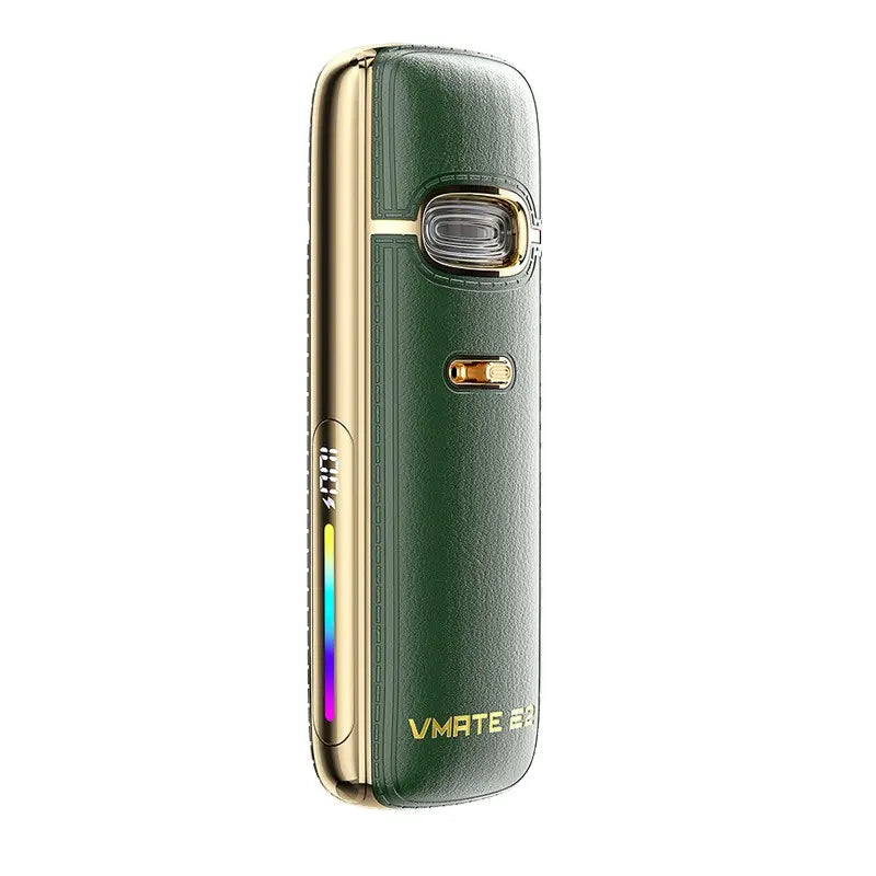 VooPoo Vmate E2 pod vape kit in emerald green with gold accents.
