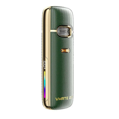 VooPoo Vmate E2 pod vape kit in emerald green with gold accents.