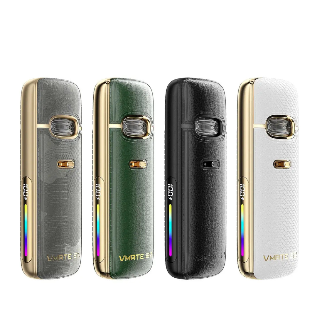 Voopoo Vmate E2 pod vape kit in four colours: grey, green, black, and white, with gold accents.