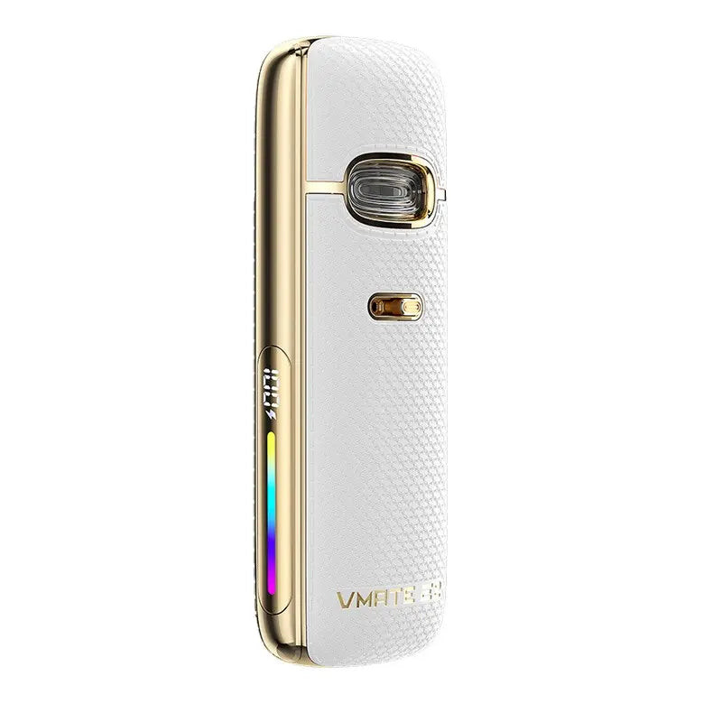 Voopoo Vmate E2 vape kit in seashell white with gold accents, showing side and front details.
