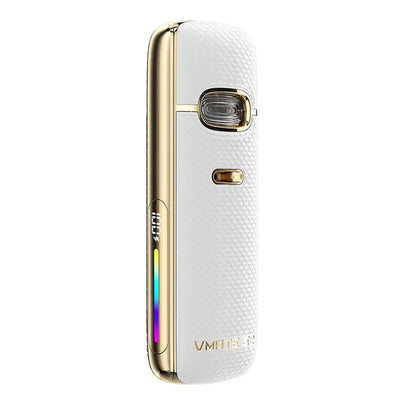 Voopoo Vmate E2 vape kit in seashell white with gold accents, showing side and front details.