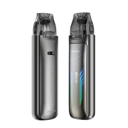 Two Voopoo Vmate Max pods in sleek grey, showcasing modern design and branding.