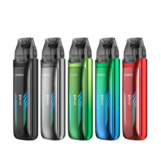 Five VOOPOO VMATE Max Pod Vape Kits in black, silver, green, blue, and red.