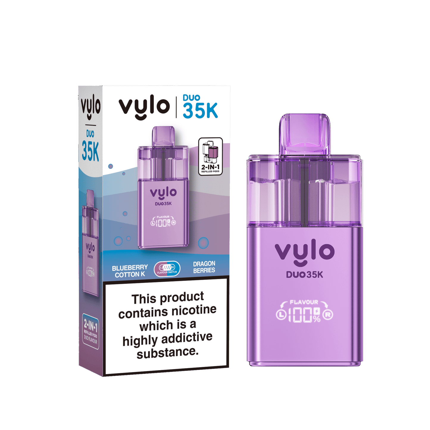 Vylo Duo 35k 2 in 1 Prefilled Pod Vape Box of 5,Blueberry Cotton K, Dragon Berries Flavour