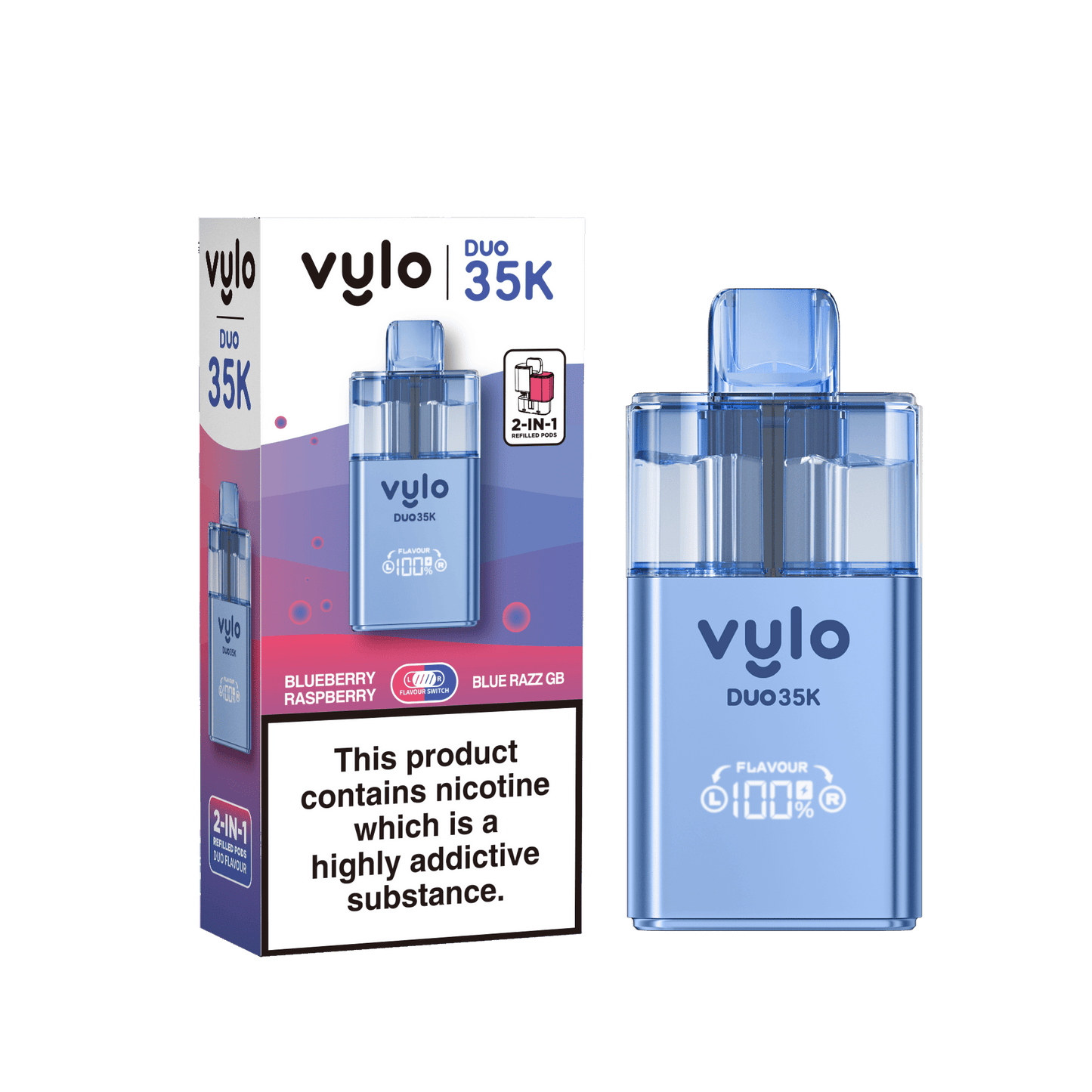 Vylo Duo 35k 2 in 1 Prefilled Pod Vape Box of 5, Blueberry Raspberry, Blue Razz GB Flavour