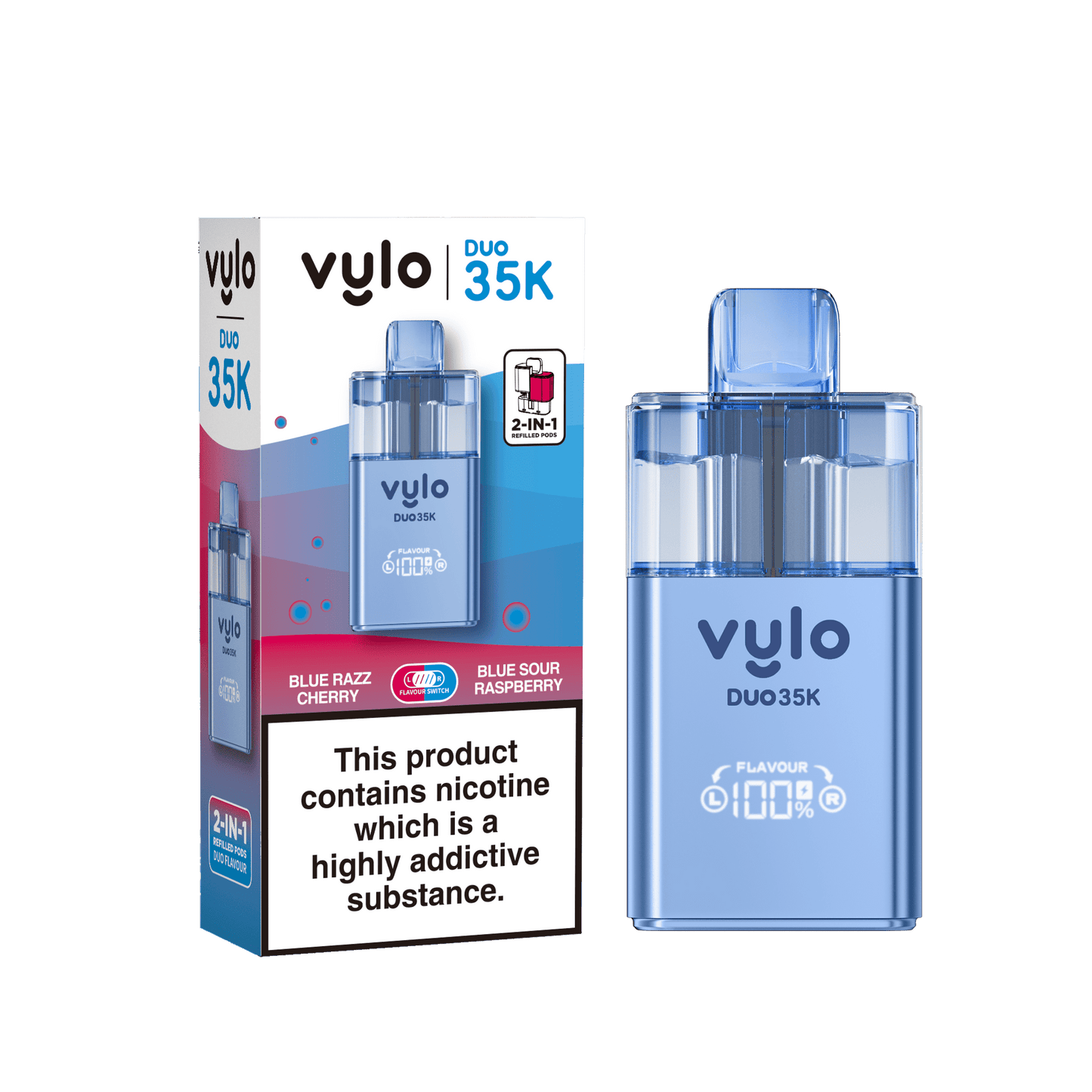 Vylo Duo 35k 2 in 1 Prefilled Pod Vape Box of 5, Blue Sour Raspberry, Blue Sour Cherry Flavour