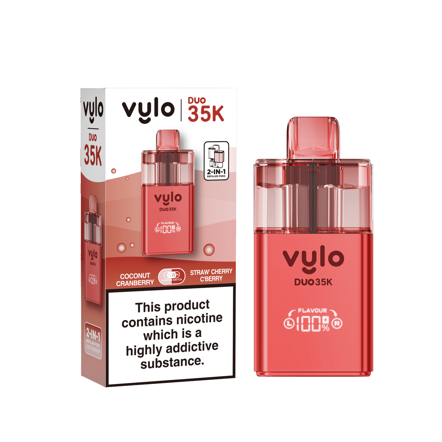 Vylo Duo 35k 2 in 1 Prefilled Pod Vape Box of 5, Coconut Cranberry, Straw Cherry Cranberry Flavour