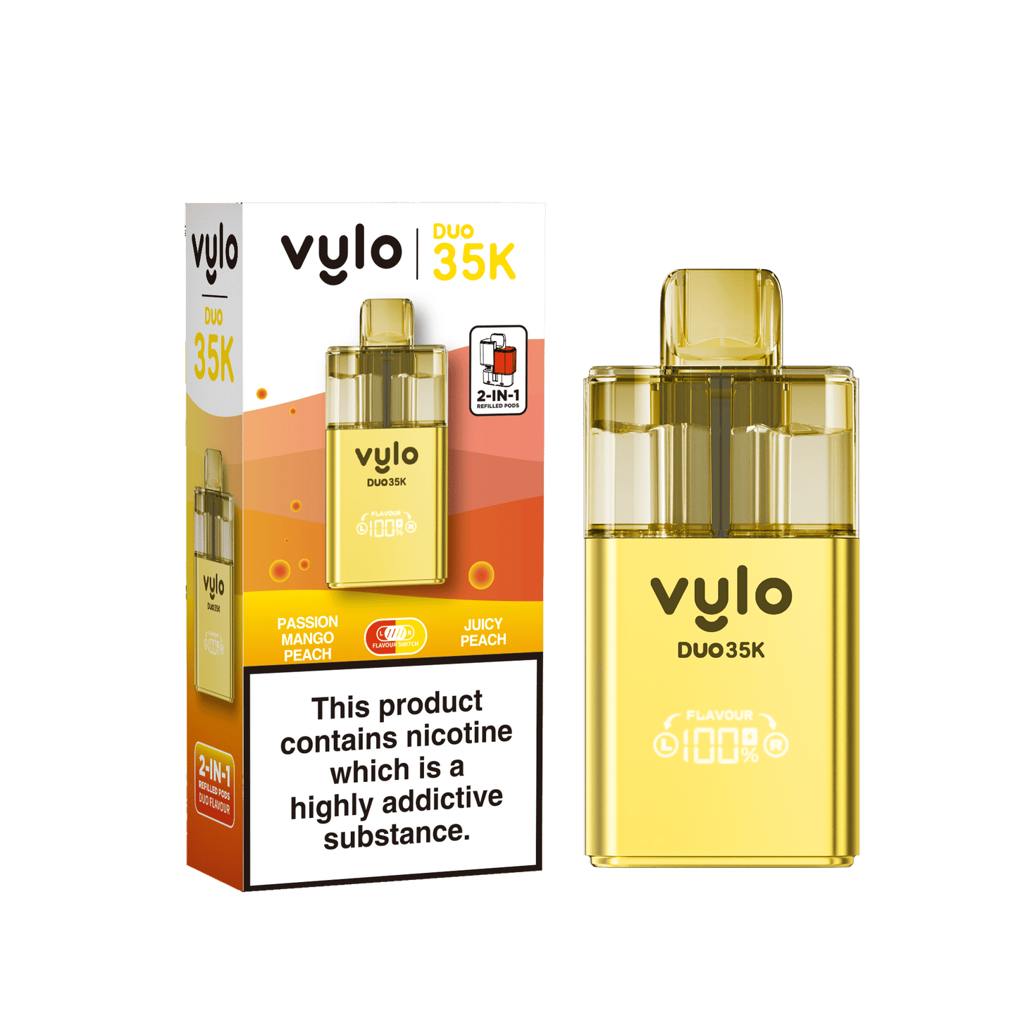 Vylo Duo 35k 2 in 1 Prefilled Pod Vape Box of 5, Passion Mango Peach, Juicy Peach Flavour