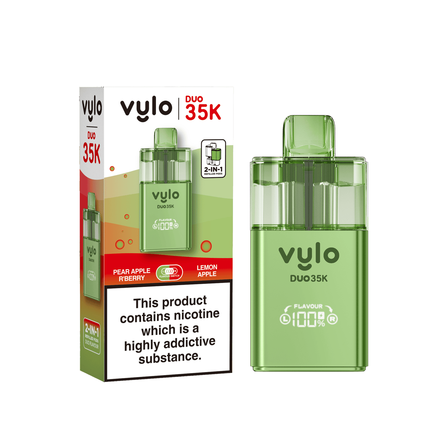 Vylo Duo 35k 2 in 1 Prefilled Pod Vape Box of 5, Pear Apple Raspberry, Lemon Apple Flavour