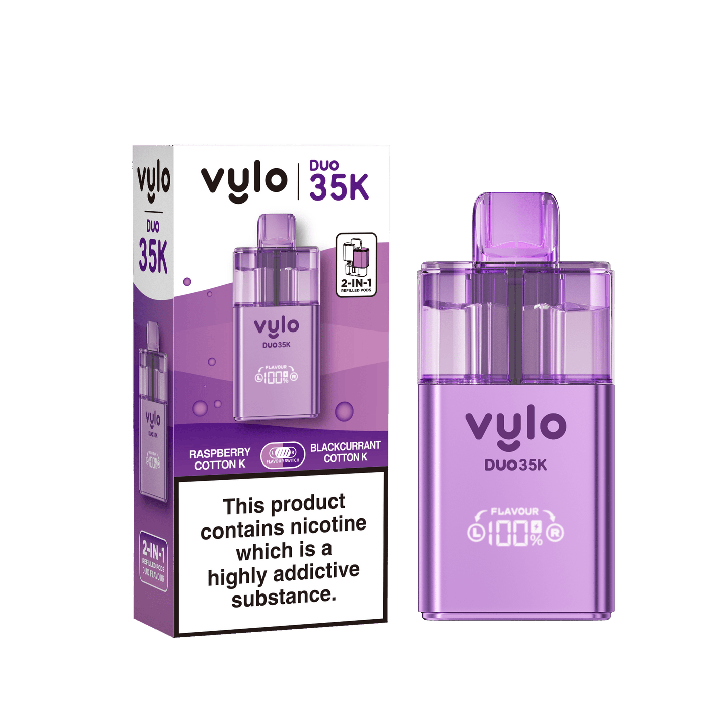 Vylo Duo 35k 2 in 1 Prefilled Pod Vape Box of 5, Raspberry Cotton K, Black Currant Cotton K Flavour