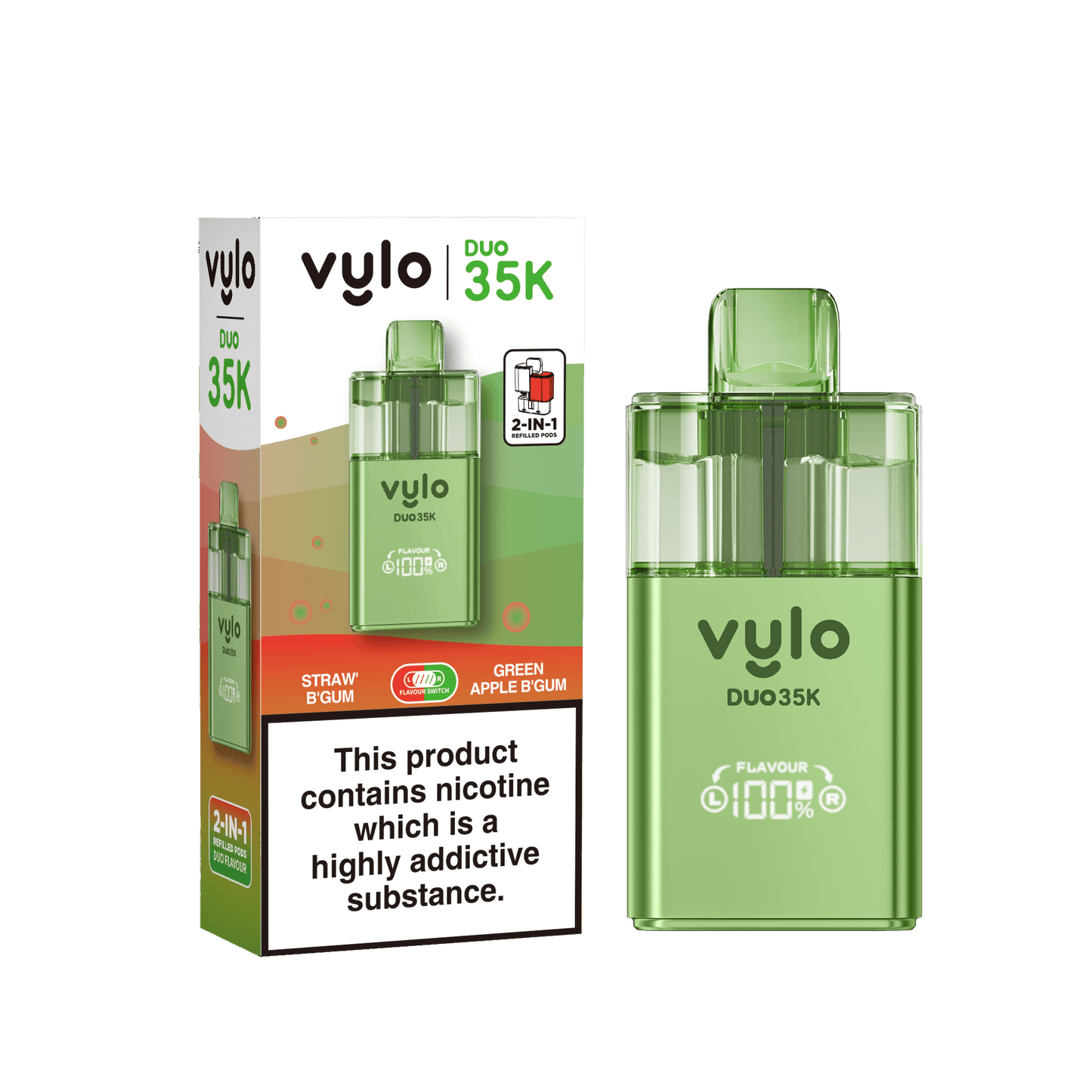 Vylo Duo 35k 2 in 1 Prefilled Pod Vape Box of 5, Straw B Gum, Green Apple Gum Flavour