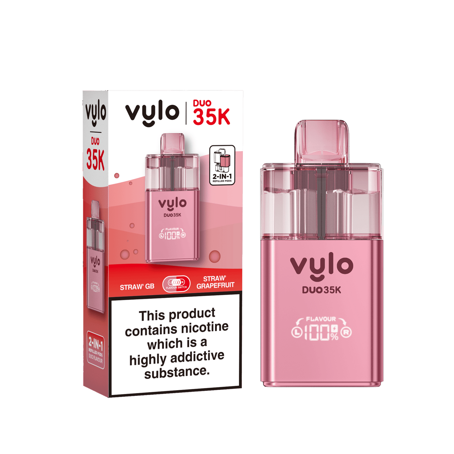 Vylo Duo 35k 2 in 1 Prefilled Pod Vape Box of 5,Straw GB, Straw Grape Fruit Flavour