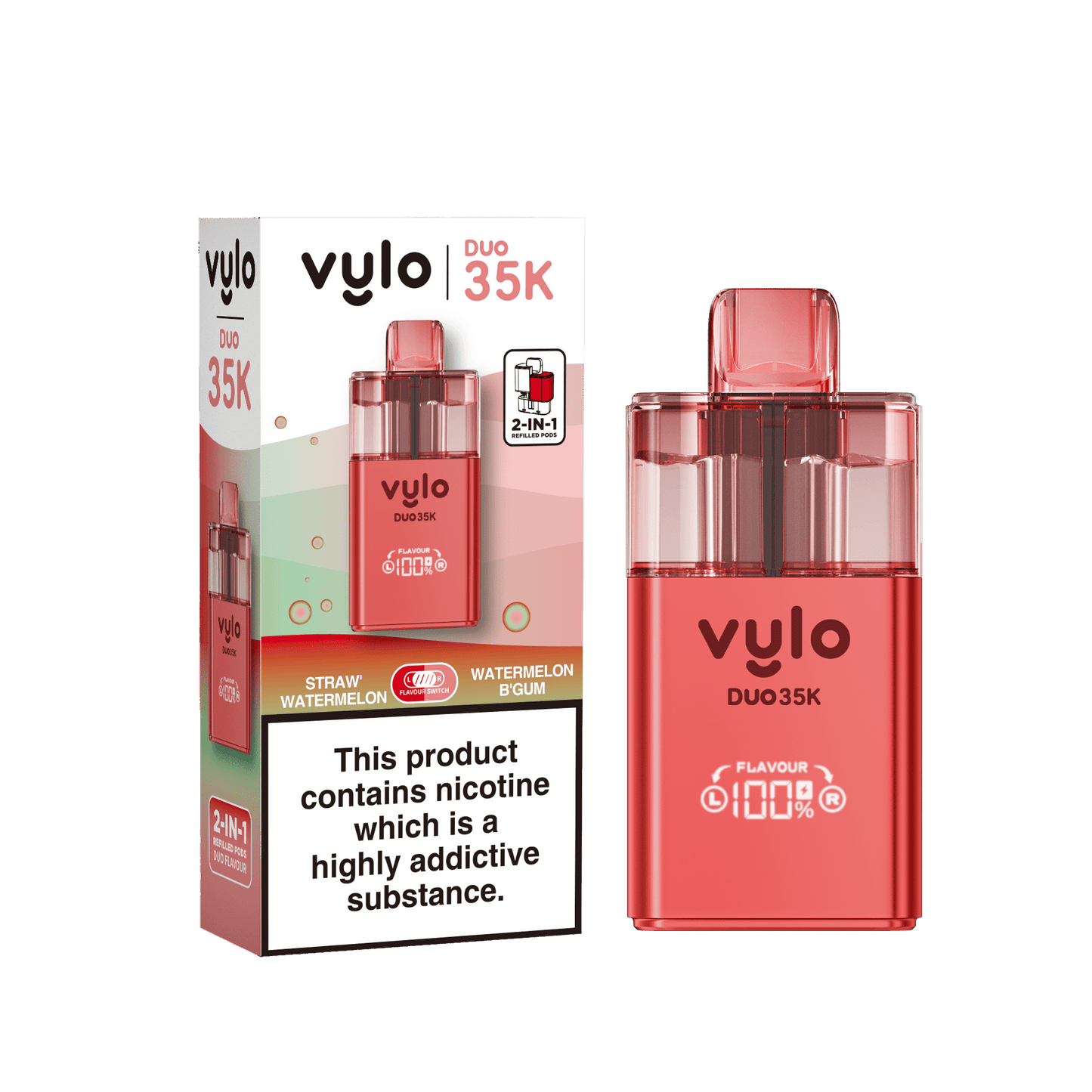 Vylo Duo 35k 2 in 1 Prefilled Pod Vape Box of 5, Straw Watermelon, Watermelon B Gum Flavour