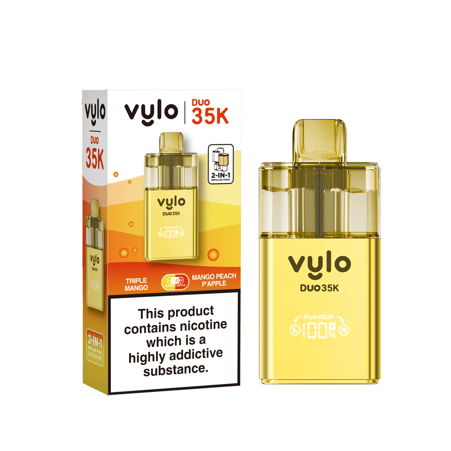 Vylo Duo 35k 2 in 1 Prefilled Pod Vape Box of 5, Triple Mango, Mango Peach Pineapple Flavour