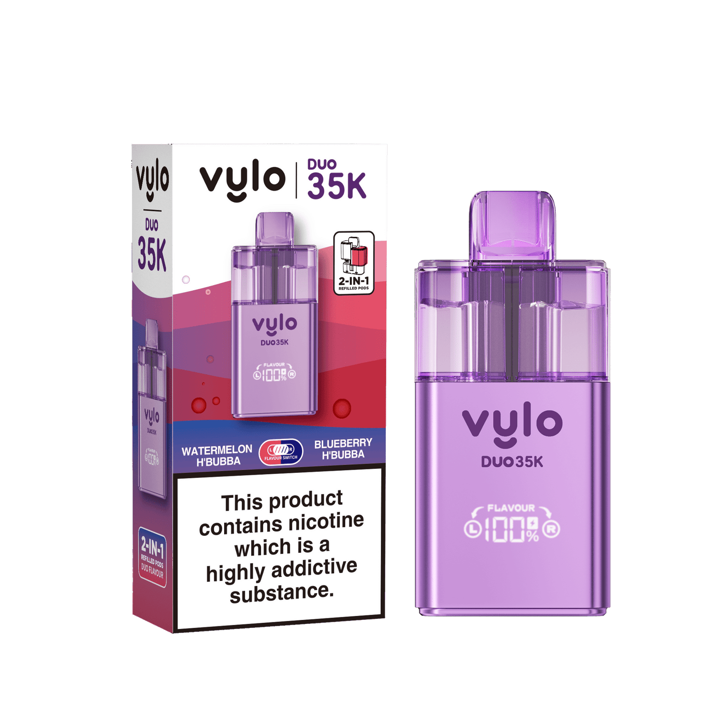Vylo Duo 35k 2 in 1 Prefilled Pod Vape Box of 5, Watermelon Hubba Bubba, Blueberry Hubba Bubab Flavour