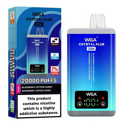 WGA Crystal Plus 20000 Puffs 2 in 1 Prefilled Kit Box of 10, Blueberry Cotton Candy, Raspberry Cotton Candy Flavour